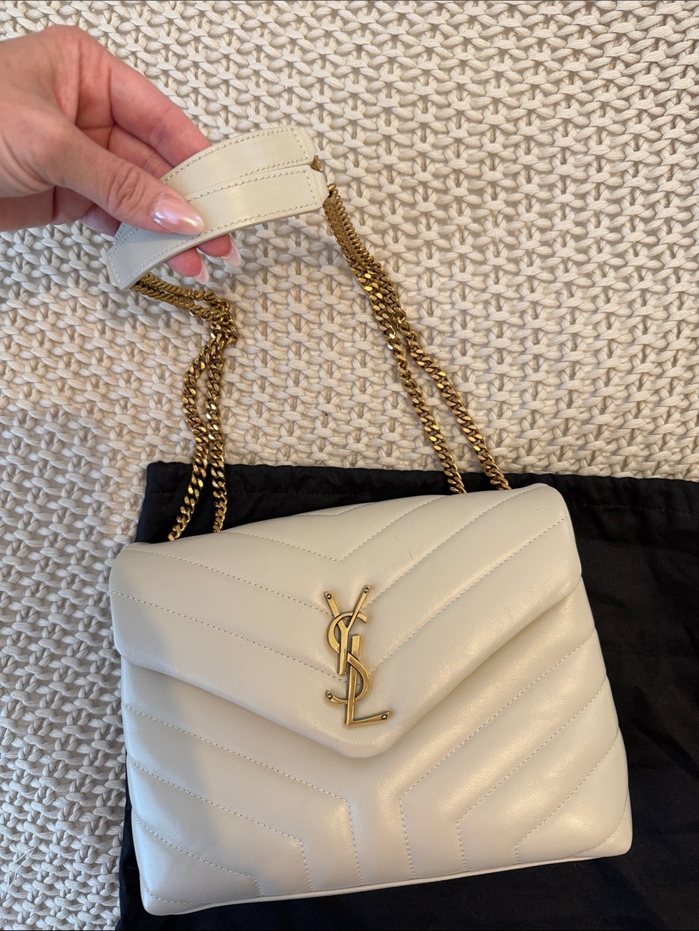 Saint Laurent Cream Quilted Loulou Chevron Shoulder Bag with Gold YSL
